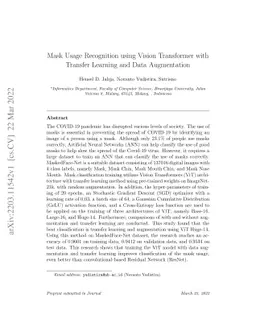 Mask Usage Recognition using Vision Transformer with Transfer Learning
  and Data Augmentation
