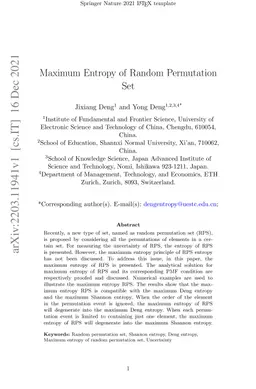 Maximum Entropy of Random Permutation Set