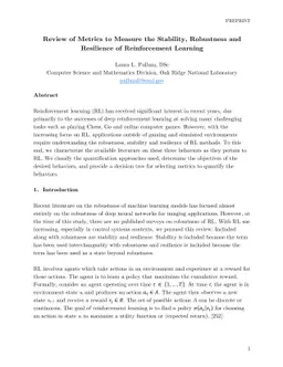 Review of Metrics to Measure the Stability, Robustness and Resilience of
  Reinforcement Learning