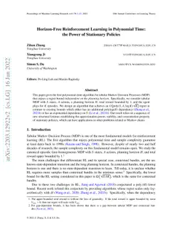 Horizon-Free Reinforcement Learning in Polynomial Time: the Power of
  Stationary Policies