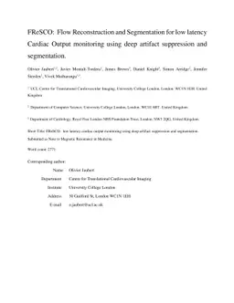 FReSCO: Flow Reconstruction and Segmentation for low latency Cardiac
  Output monitoring using deep artifact suppression and segmentation