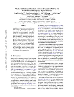 On the Intrinsic and Extrinsic Fairness Evaluation Metrics for
  Contextualized Language Representations