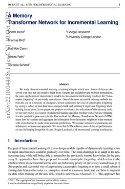 A Memory Transformer Network for Incremental Learning