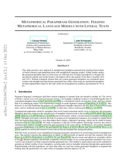 Metaphorical Paraphrase Generation: Feeding Metaphorical Language Models
  with Literal Texts