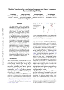 Machine Translation between Spoken Languages and Signed Languages
  Represented in SignWriting