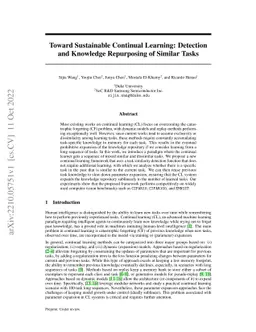Toward Sustainable Continual Learning: Detection and Knowledge
  Repurposing of Similar Tasks