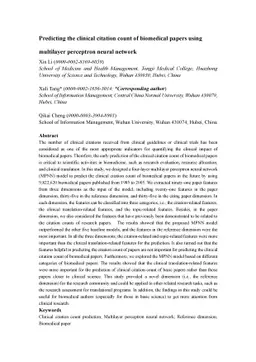 Predicting the clinical citation count of biomedical papers using
  multilayer perceptron neural network