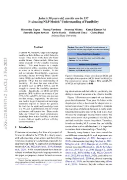 "John is 50 years old, can his son be 65?" Evaluating NLP Models'
  Understanding of Feasibility