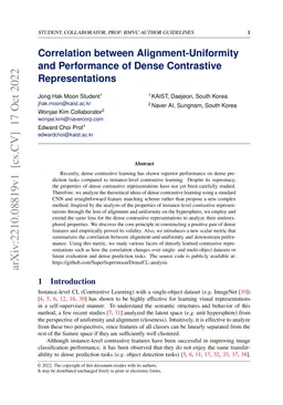 Correlation between Alignment-Uniformity and Performance of Dense
  Contrastive Representations