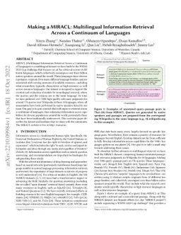 Making a MIRACL: Multilingual Information Retrieval Across a Continuum
  of Languages