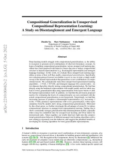 Compositional Generalization in Unsupervised Compositional
  Representation Learning: A Study on Disentanglement and Emergent Language