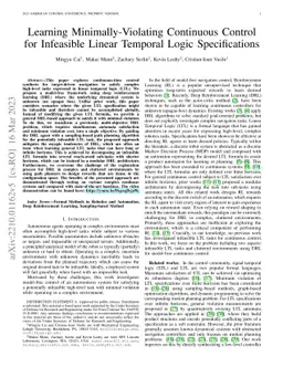 Learning Minimally-Violating Continuous Control for Infeasible Linear
  Temporal Logic Specifications