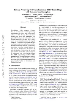 Privacy-Preserving Text Classification on BERT Embeddings with
  Homomorphic Encryption