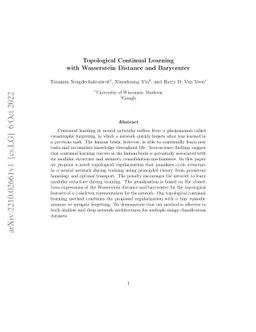Topological Continual Learning with Wasserstein Distance and Barycenter
