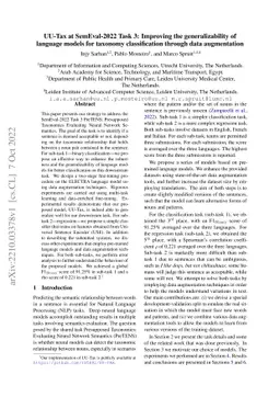 UU-Tax at SemEval-2022 Task 3: Improving the generalizability of
  language models for taxonomy classification through data augmentation