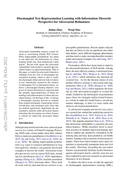 Disentangled Text Representation Learning with Information-Theoretic
  Perspective for Adversarial Robustness