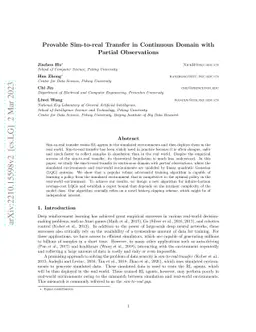 Provable Sim-to-real Transfer in Continuous Domain with Partial
  Observations