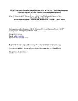 BRATsynthetic: Text De-identification using a Markov Chain Replacement
  Strategy for Surrogate Personal Identifying Information