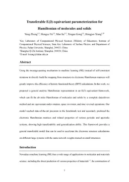 Transferable E(3) equivariant parameterization for Hamiltonian of
  molecules and solids