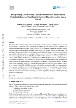 Incorporating Crowdsourced Annotator Distributions into Ensemble
  Modeling to Improve Classification Trustworthiness for Ancient Greek Papyri