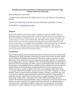 Recognizing Handwriting Styles in a Historical Scanned Document Using
  Unsupervised Fuzzy Clustering