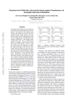Character-level White-Box Adversarial Attacks against Transformers via
  Attachable Subwords Substitution