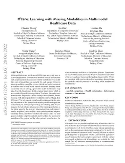 M$^3$Care: Learning with Missing Modalities in Multimodal Healthcare
  Data