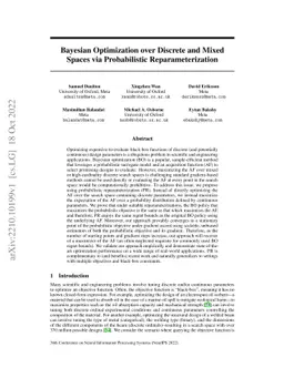 Bayesian Optimization over Discrete and Mixed Spaces via Probabilistic
  Reparameterization