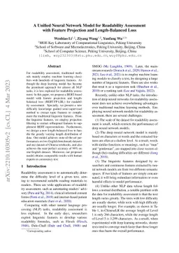 A Unified Neural Network Model for Readability Assessment with Feature
  Projection and Length-Balanced Loss