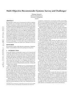 Multi-Objective Recommender Systems: Survey and Challenges