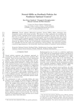 Neural ODEs as Feedback Policies for Nonlinear Optimal Control