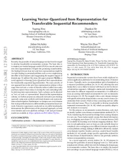 Learning Vector-Quantized Item Representation for Transferable
  Sequential Recommenders