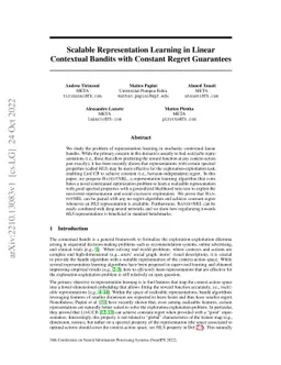 Scalable Representation Learning in Linear Contextual Bandits with
  Constant Regret Guarantees