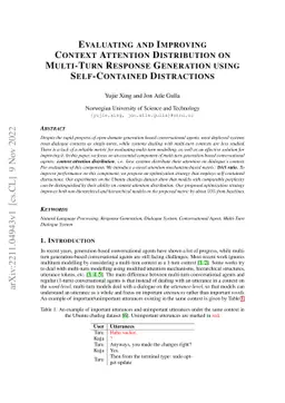 Evaluating and Improving Context Attention Distribution on Multi-Turn
  Response Generation using Self-Contained Distractions