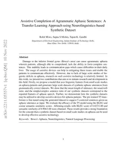 Assistive Completion of Agrammatic Aphasic Sentences: A Transfer
  Learning Approach using Neurolinguistics-based Synthetic Dataset