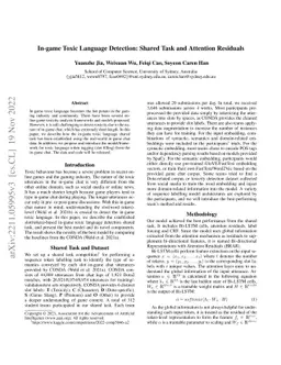 In-game Toxic Language Detection: Shared Task and Attention Residuals