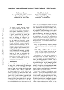 Analysis of Male and Female Speakers' Word Choices in Public Speeches