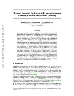 Rewards Encoding Environment Dynamics Improves Preference-based
  Reinforcement Learning