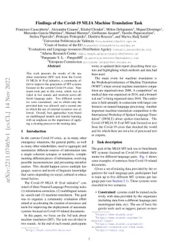 Findings of the Covid-19 MLIA Machine Translation Task