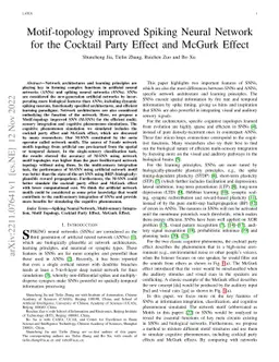 Motif-topology improved Spiking Neural Network for the Cocktail Party
  Effect and McGurk Effect