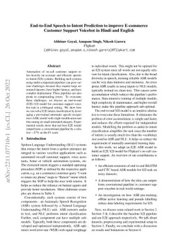 End-to-End Speech to Intent Prediction to improve E-commerce Customer
  Support Voicebot in Hindi and English