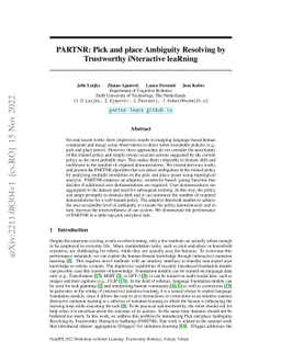 PARTNR: Pick and place Ambiguity Resolving by Trustworthy iNteractive
  leaRning