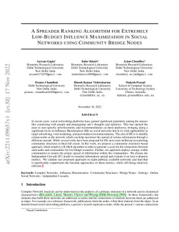 A Spreader Ranking Algorithm for Extremely Low-budget Influence
  Maximization in Social Networks using Community Bridge Nodes