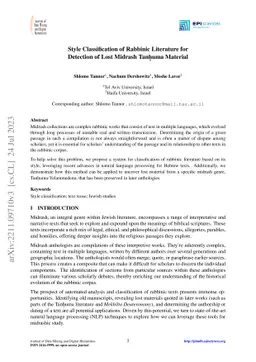 Style Classification of Rabbinic Literature for Detection of Lost
  Midrash Tanhuma Material