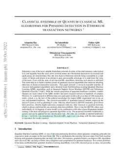 Classical ensemble of Quantum-classical ML algorithms for Phishing
  detection in Ethereum transaction networks