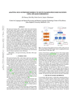 Adapting self-supervised models to multi-talker speech recognition using
  speaker embeddings