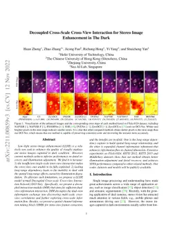 Decoupled Cross-Scale Cross-View Interaction for Stereo Image
  Enhancement in The Dark