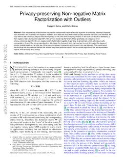 Privacy-preserving Non-negative Matrix Factorization with Outliers