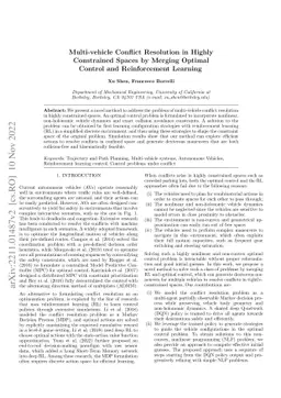Multi-vehicle Conflict Resolution in Highly Constrained Spaces by
  Merging Optimal Control and Reinforcement Learning