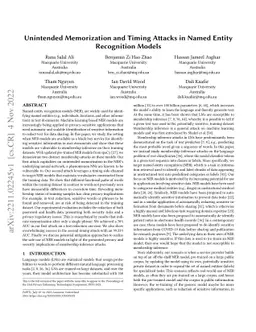 Unintended Memorization and Timing Attacks in Named Entity Recognition
  Models